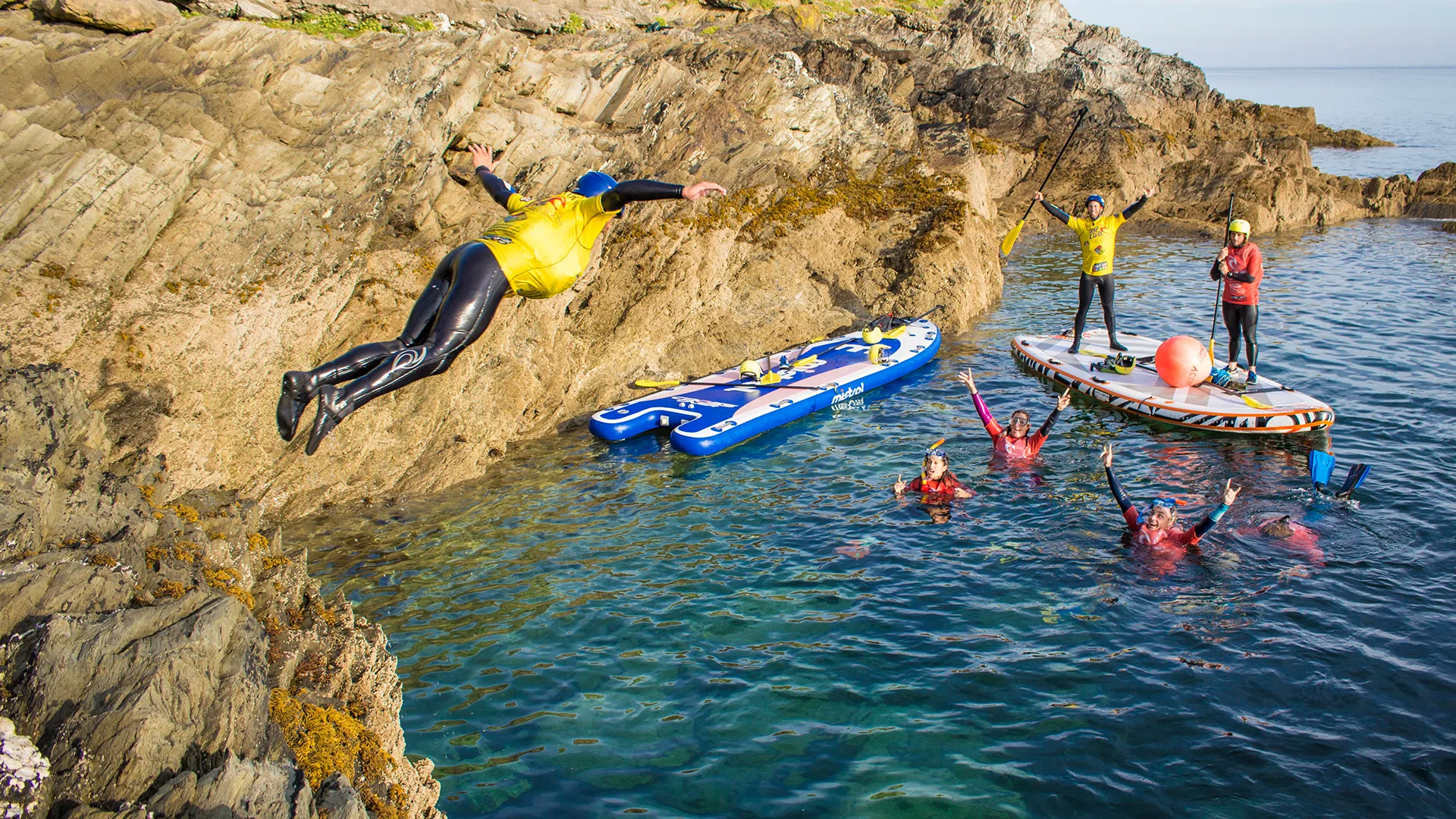 Stag & Hen Coasteering Super SUP in Newquay Cornwall